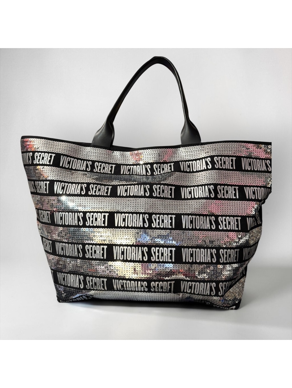 Victoria's Secret Limited Edition Black Silver Sequin Stripe Carryall Tote Bag